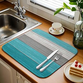 Absorbent Dish Drying Mat, Country Wood Board Gray Urquoise Kitchen Counter Mat Dish Drying Pad Set of 1, Vintage Gradient Plank Washable Microfiber Dishes Drainer Mats