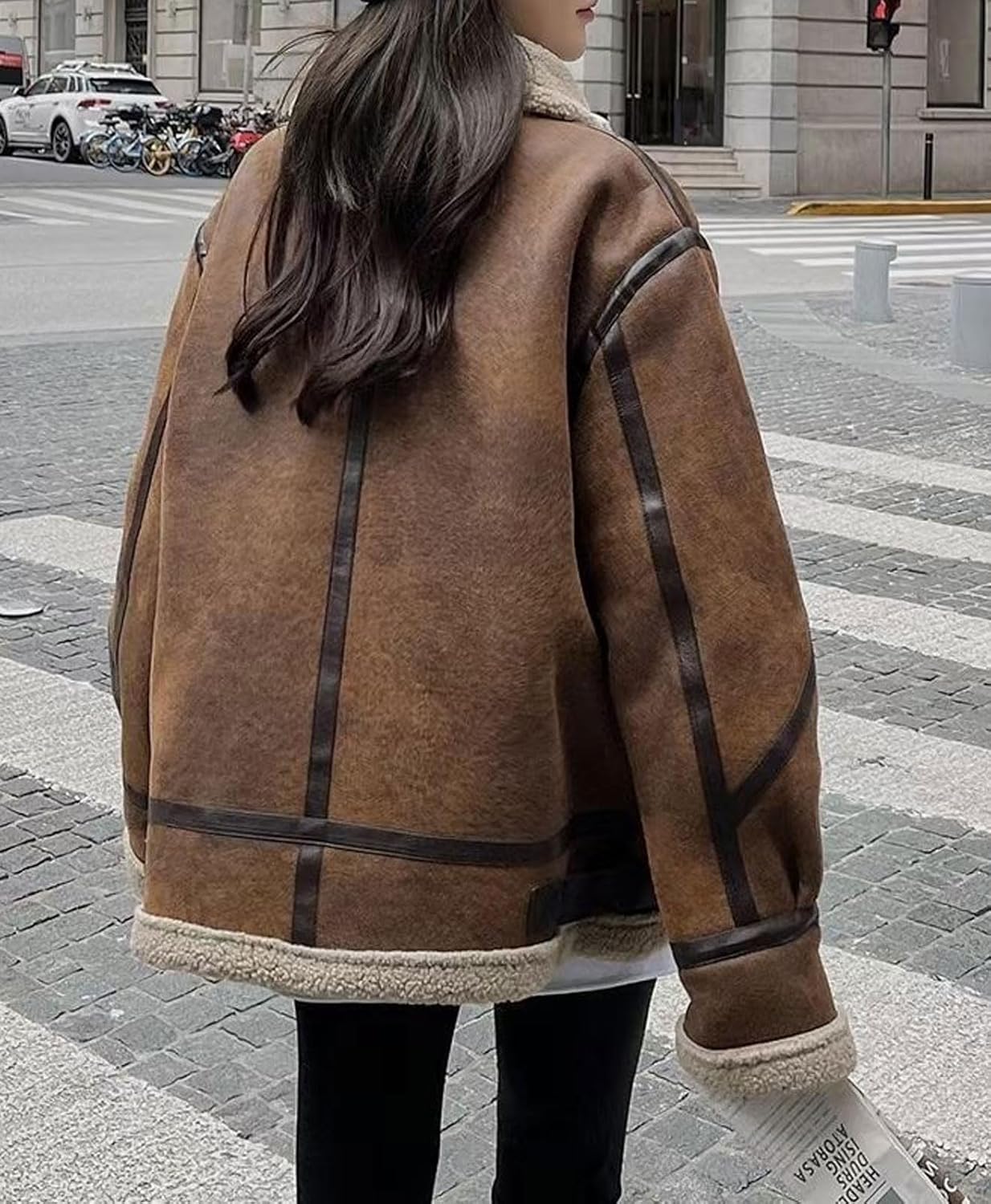 loveimgs Women Oversized Faux Suede Moto Jacket Sherpa Fleece Lined Leather Jacket Aviator Shearling Fur Coat Overcoat - Image 3