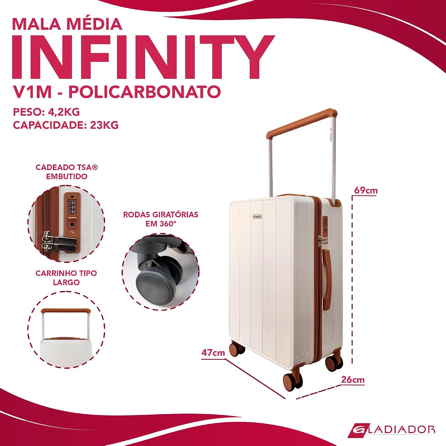 Mala de Viagem Média 23kg em Policarbonato Cadeado TSA Rodas 360 Gladiador Infinity V1M (Preto)