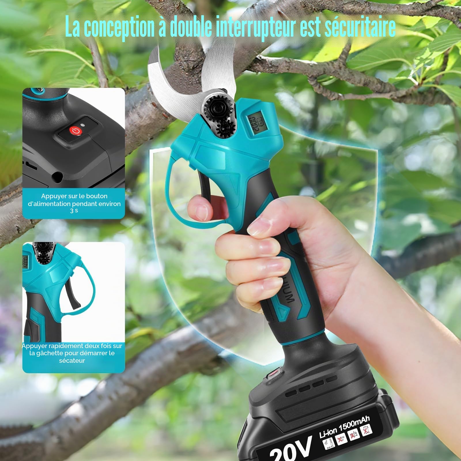 Sécateur électrique professionnel batterie 2x20V 1500mAh, écran LCD, moteur sans balais, coupe max. 30mm, lames SK5, jardinage