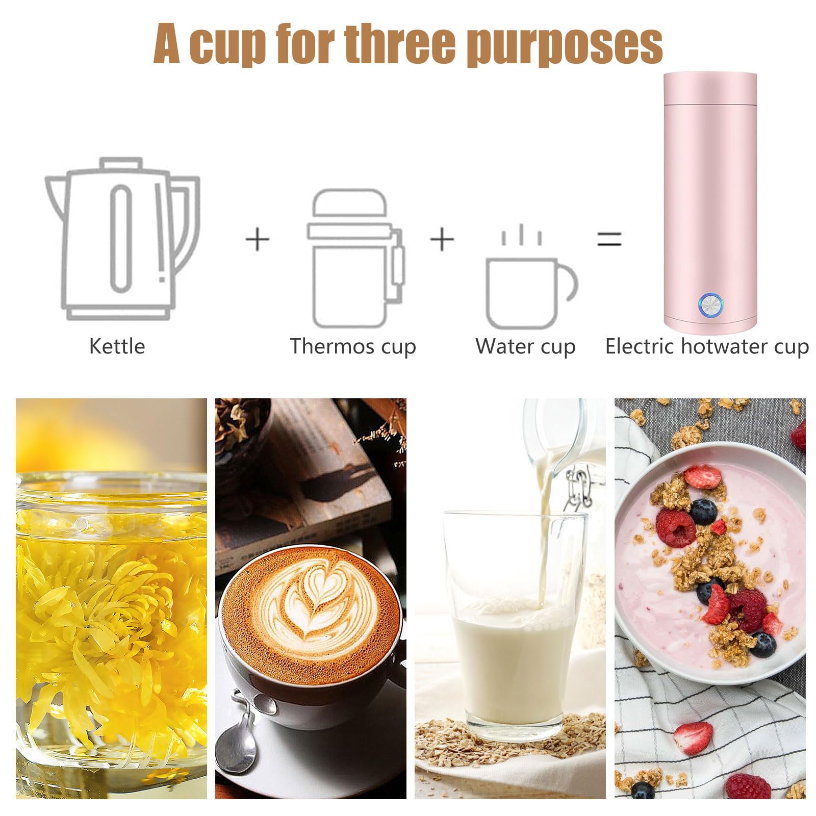 mumisuto Mini Bouilloire Électrique de Voyage, 400 ml Bouilloire de Camping avec Arrêt Automatique, 3 en 1 Mini Thermos, Bouilloire avec Brosse de Nettoyage Portable pour Thé Lait Café