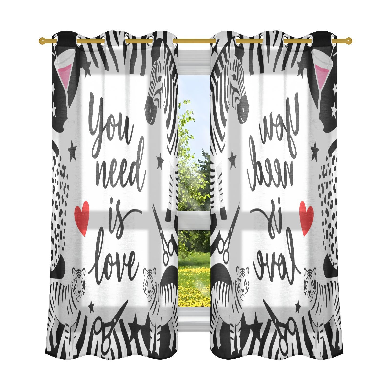 Cortinas largas decorativas para sala de estar, estampado de cebras, corazón de amor, San Valentín, cortinas de 160 cm, cortinas de cocina, juegos de 2 paneles