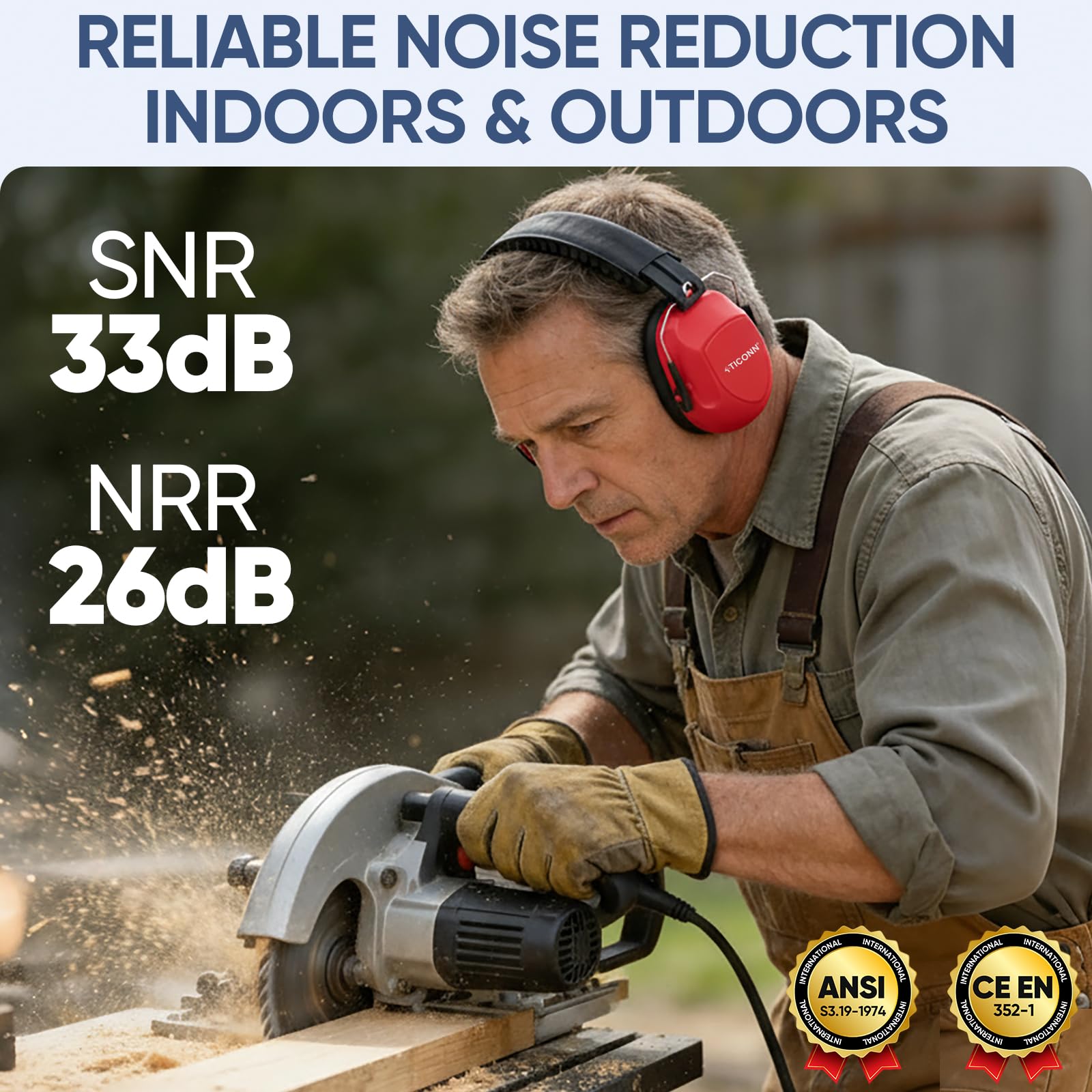TICONN Noise Cancelling Ear Muffs for Adults, SNR 33dB Hearing Protection, Adjustable Safety Earmuffs for hunting, Construction (Red) view 2
