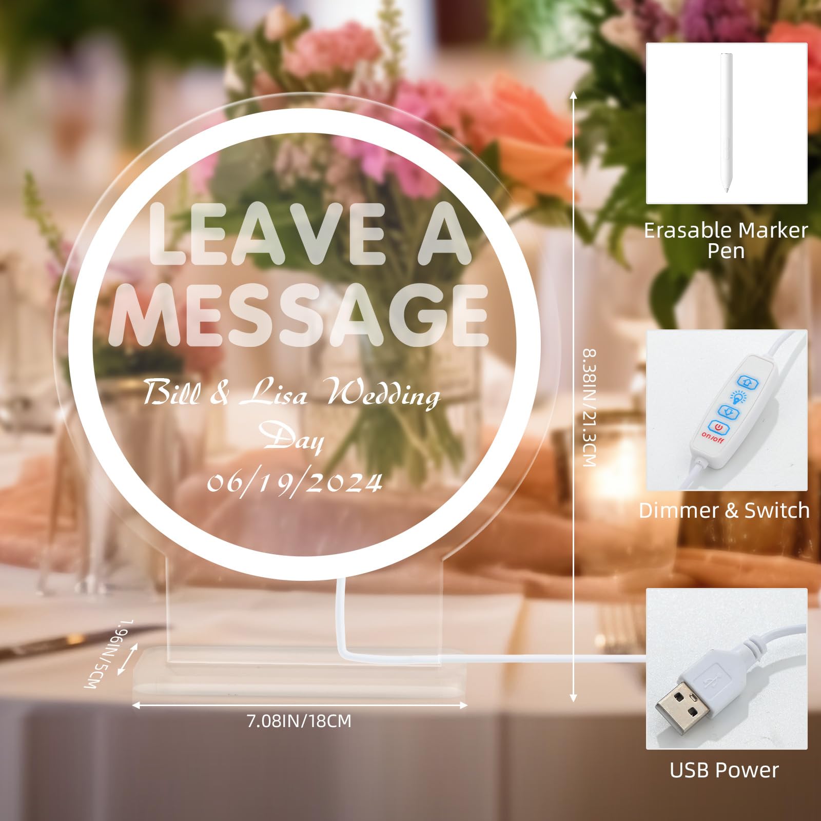 White Light Neon Sign With Holder Base,5V USB LED Neon Table Sign with Easable Mark Pen DIY Your Own Language for Leave A Message Wedding Party Reception Decor (Transparent White)