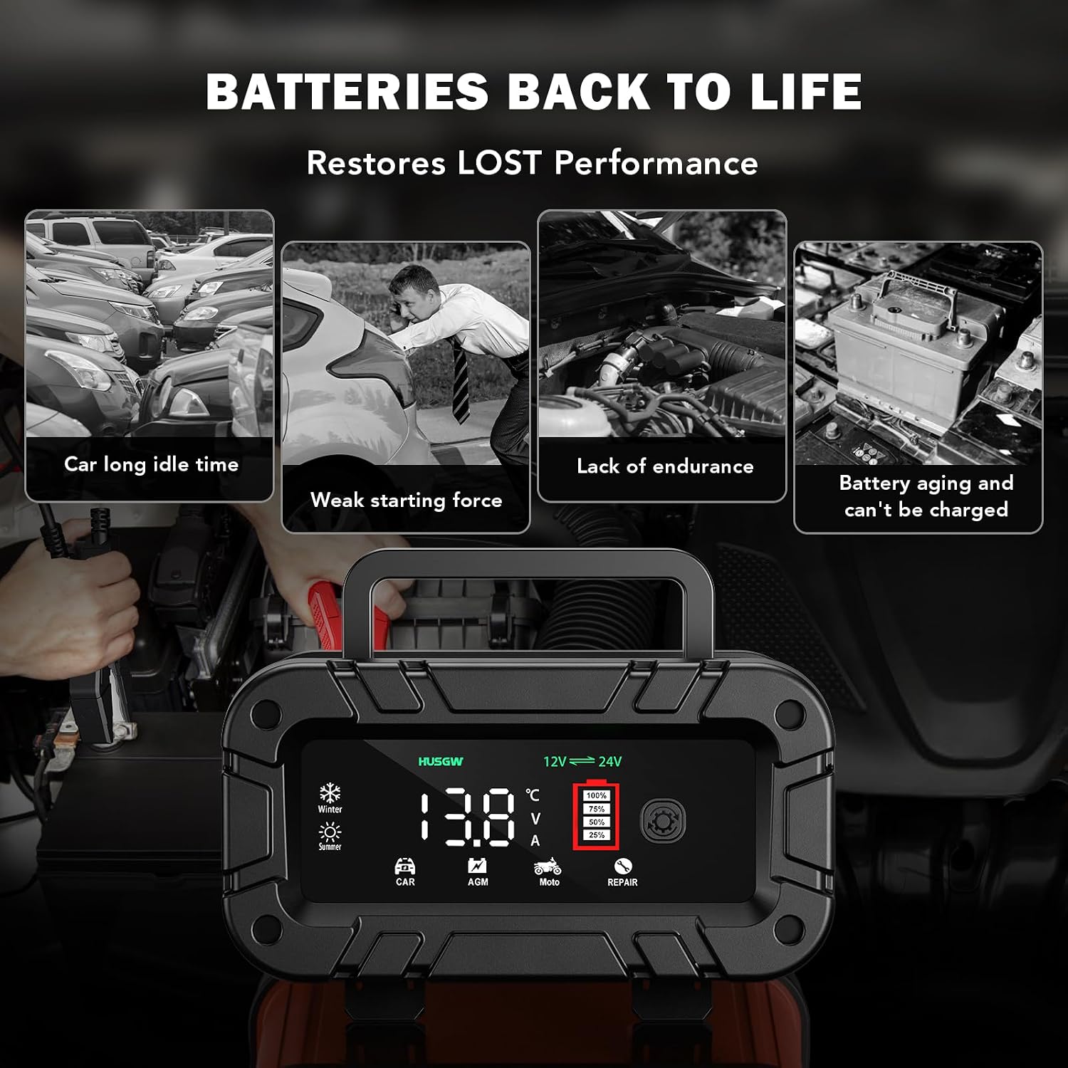 Chargeur batterie 12V/24V 20A avec écran LCD et câbles