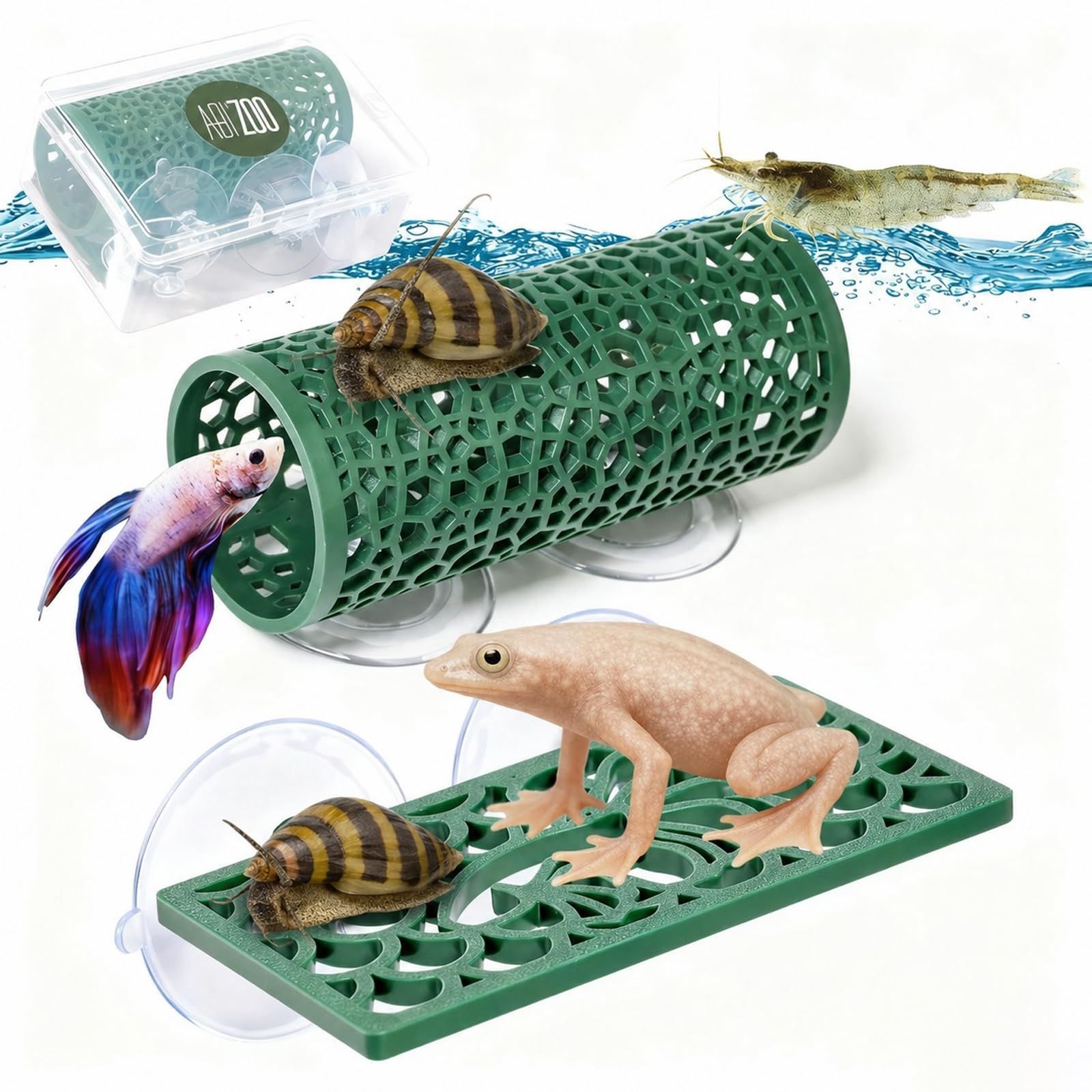 Abizoo Betta Fish Tunnel Hideout and Hammock Bed for Fish Aquarium Decoration, African Dwarf Frog Tank Accessories Hollow Design Habitat Cave for Betta Shrimp Guppies Neon Tetras Zebra Danios Snails