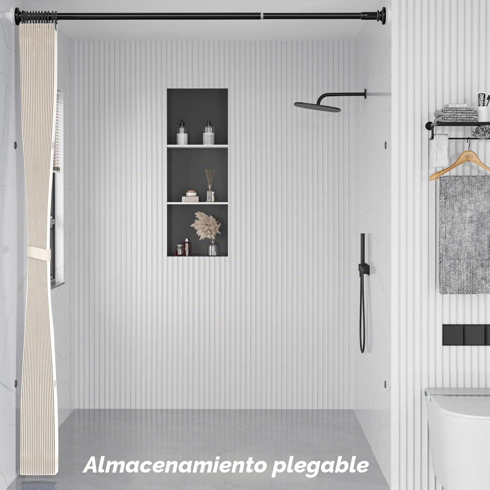 Cortina Ducha Impermeable Magnética Plegable, Beige, 180x180cm | Cortina Ducha de Lino antimoho con imán a Prueba de Salpicaduras y Ganchos