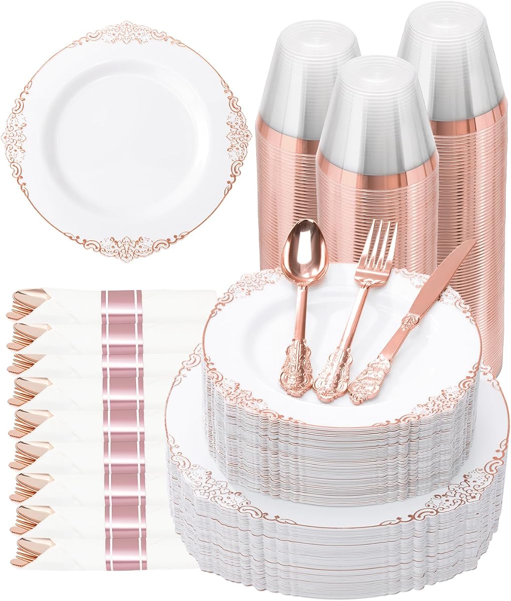 350 Piece Rose Gold Plastic Dinnerware Set for 50 Guests | Includes: 100 Rose Gold Rim Plastic Plates, 150 Silverwares, 50 Pre Rolled Napkins, 50 Cups for Party, Wedding