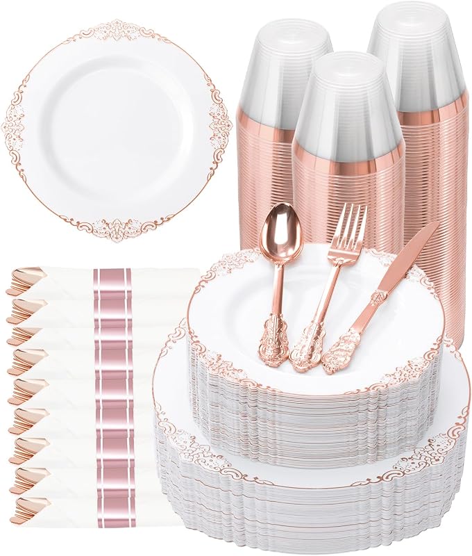 350 Piece Rose Gold Plastic Dinnerware Set for 50 Guests | Includes: 100 Rose Gold Rim Plastic Plates, 150 Silverwares, 50 Pre Rolled Napkins, 50 Cups for Party, Wedding