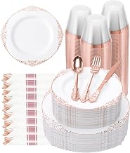 Goodluck 350 Piece Rose Gold Plastic Dinnerware Set for 50 Guests,Fancy Disposable Plates,Include: 100 Rose Gold Rim Plastic Plates,150 Silverwares,50 Pre Rolled Napkins,50 Cups for Party,Wedding