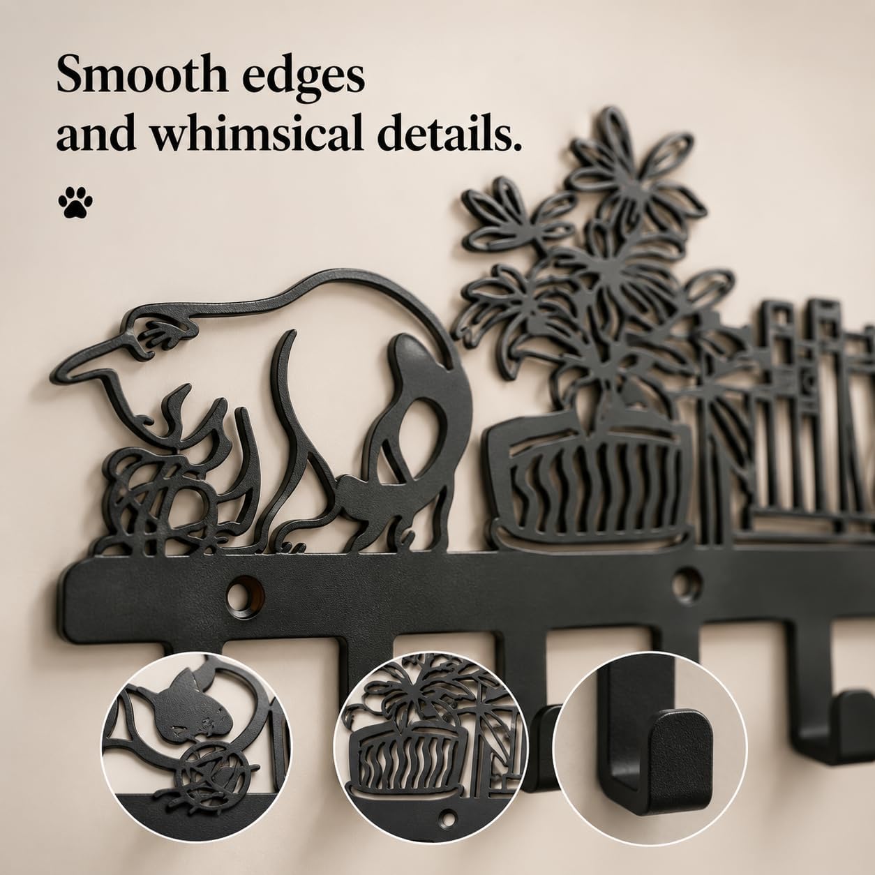 Black Cat Key Holder for Wall, Premium Metal Decorative Key Hooks with 7 Hangers, Rust Resistant Organizer for Entryway, Bathroom & Door - Hang Keys, Lanyards, Hats & Purses