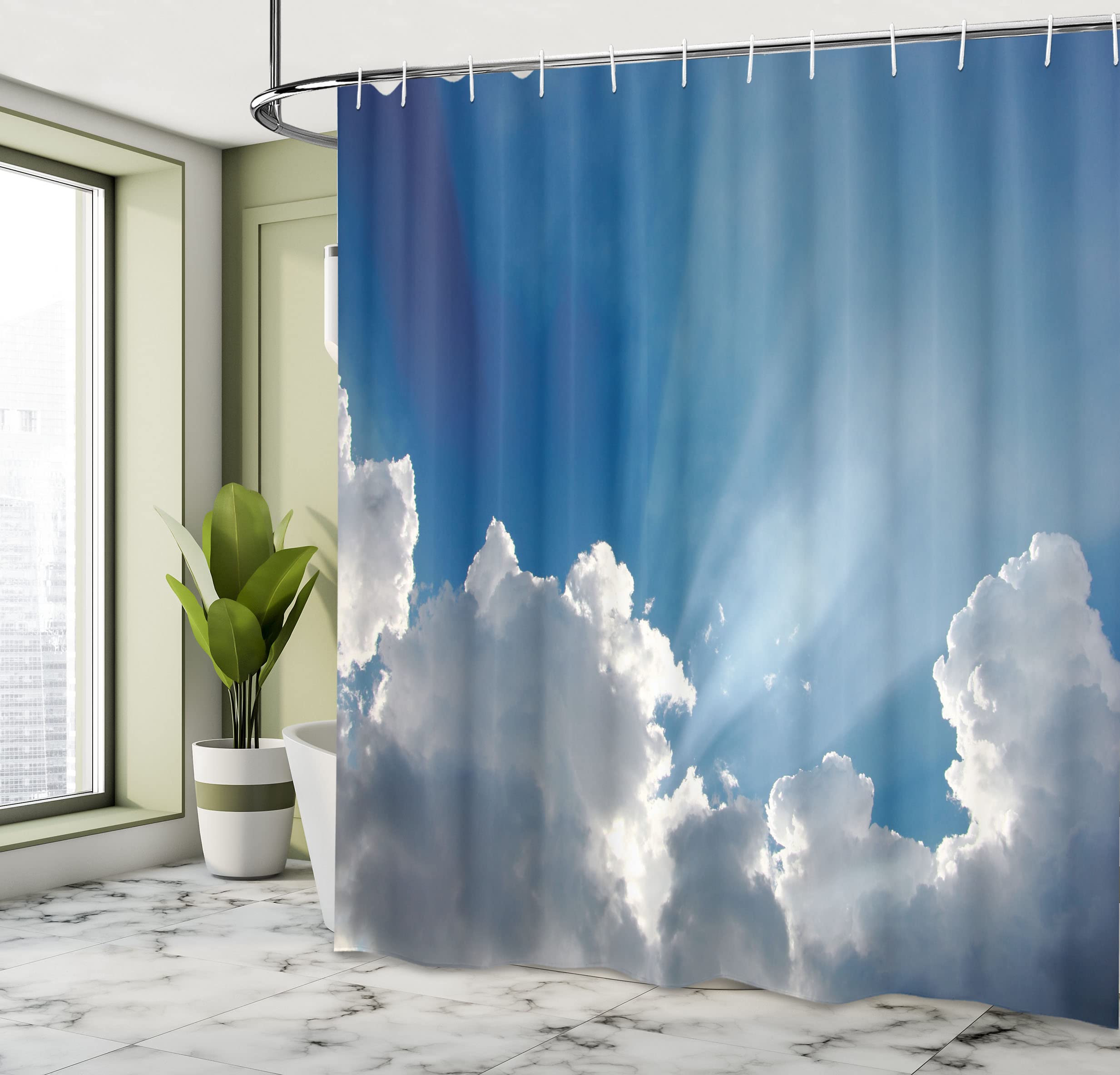 ABAKUHAUS Landscape Shower Curtain, Sky Clouds Sun Rays, Cloth Fabric Bathroom Decor Set including Hooks, 94 Inches, Blue White - Image 4