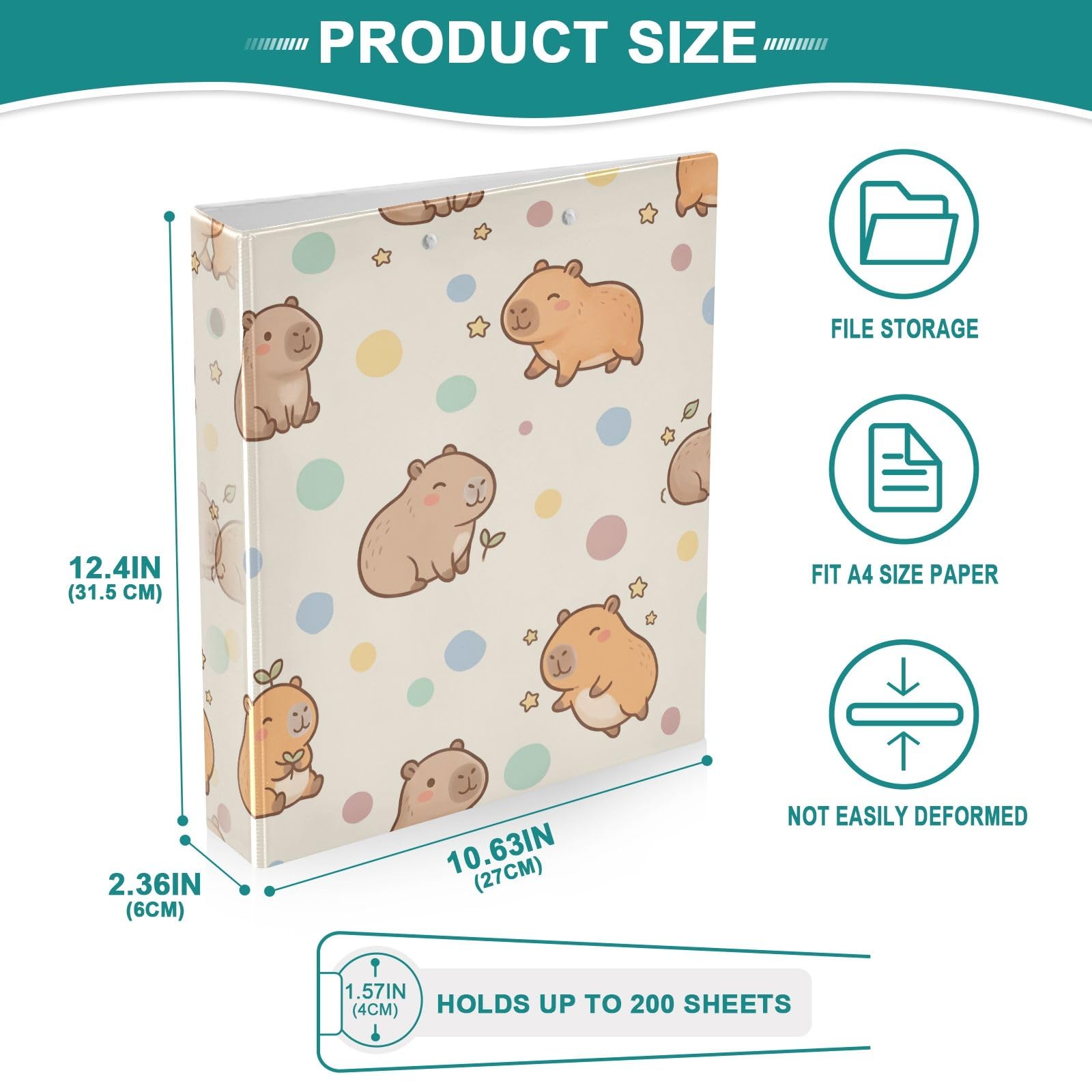Raccoglitore a 3 anelli con motivo a pois Capybara, 3,8 cm, anelli rotondi, contiene 200 fogli, 3 raccoglitori ad anelli con clip in metallo antiscivolo