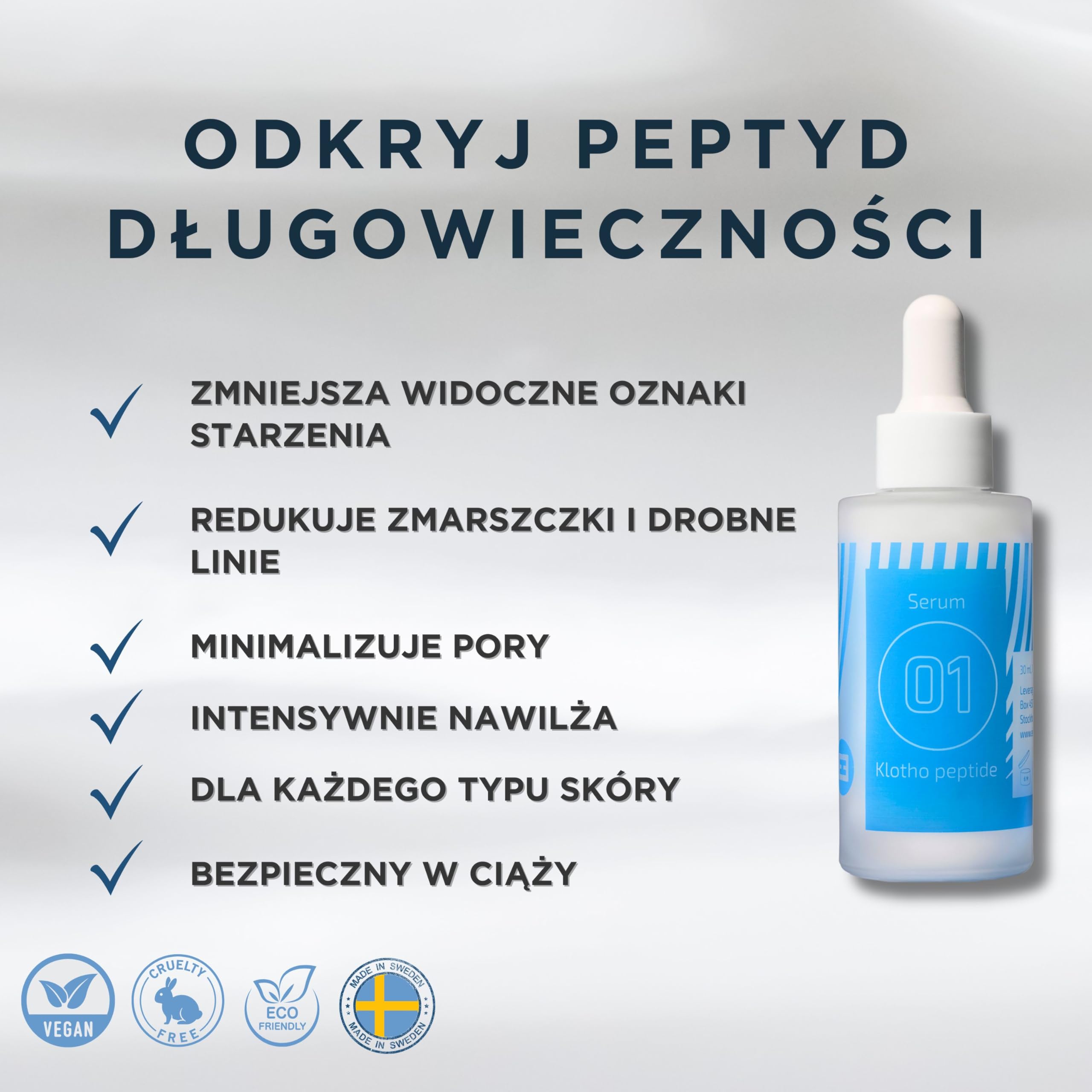 EiE 01 Serum do twarzy z peptydem Klotho – przeciwstarzeniowe i wygładzające z kwasem hialuronowym i retinolem – na zmarszczki i linie mimiczne – wegańskie, bezzapachowe, wyprodukowane w Szwecji 30 ml