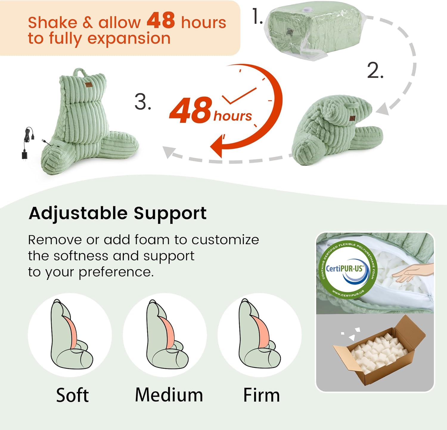Amélie Home Heated Faux Fur Reading Pillow 3 Temperature Backrest for Sitting in Bed Support Cushion, USB-Powered(No Power Bank Included) Warming (113°F-131°F), 3H Auto Shutoff, Sage Green, 26 Inches