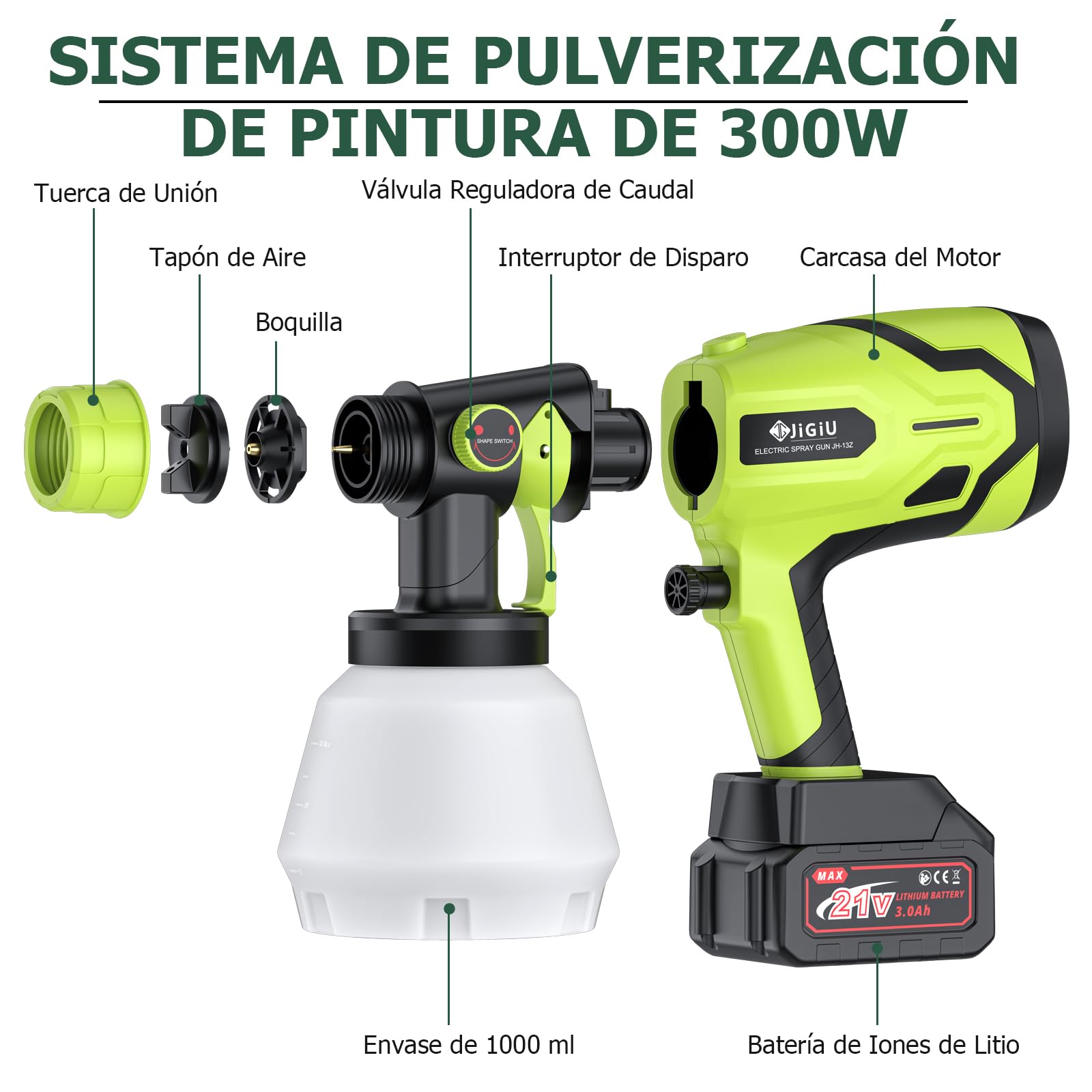 JiGiU Pistola de Pintura Inalámbrica, 300W HVLP Pistola de Pintura Eléctrica 1000ml, con 6 Boquillas (1.0 1.5 1.8 2.0 2.5 3.0mm) y 3 Patrones para Armarios, Gabinetes, Cercas, Paredes, Puertas