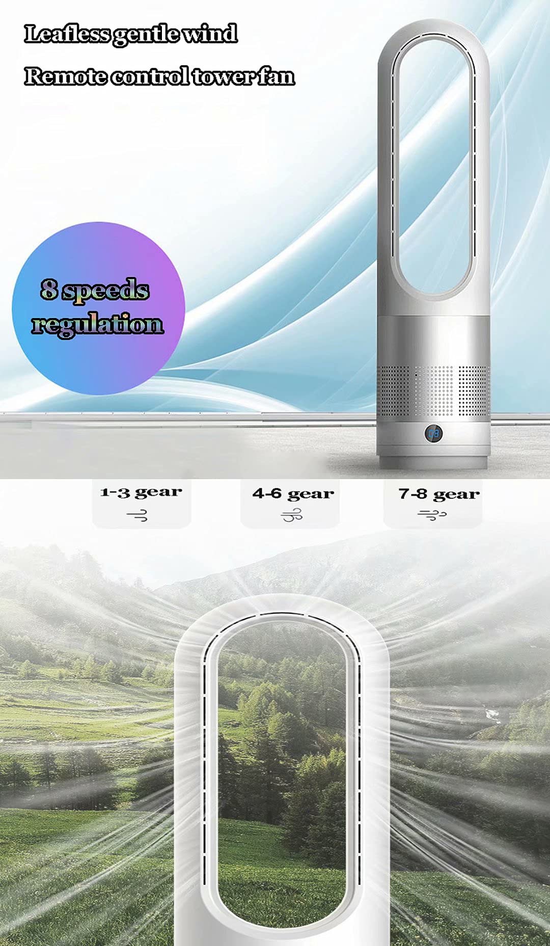 Ventilatore a torre senza pale, oscillante a 80°, con telecomando e controllo touch, 8 velocità, timer da 8 ore, ventola di raffreddamento per camera da letto e ufficio