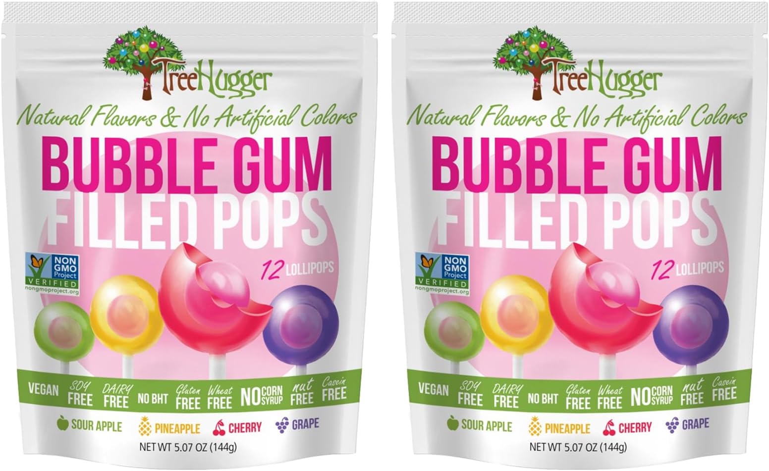 Tree Hugger Bubble Gum Filled Pops, 12 Count (2 Packs) | Chewy Gum Center Lollipops | Assorted Flavors: Sour Apple, Cherry, Pineapple & Grape | No Artificial Colors | No Artificial Flavors.