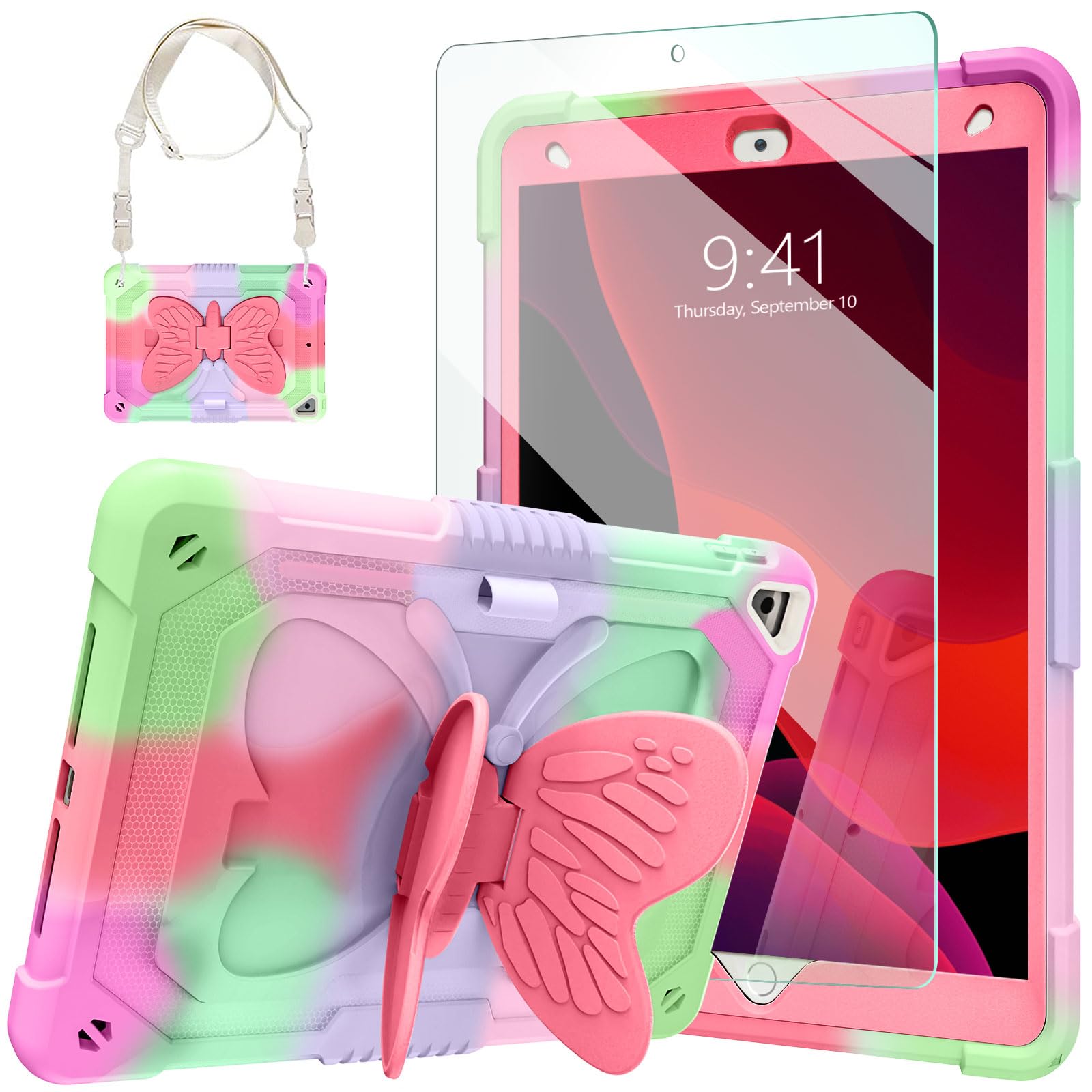 Ambison Case for iPad 9th/8th/7th Generation 10.2 inch,with Glass Screen Protector,Full-Body Rugged Shockproof Protective Cover with Stand,Shoulder Strap for iPad Kids(2021/2020/2019)-Rose Red
