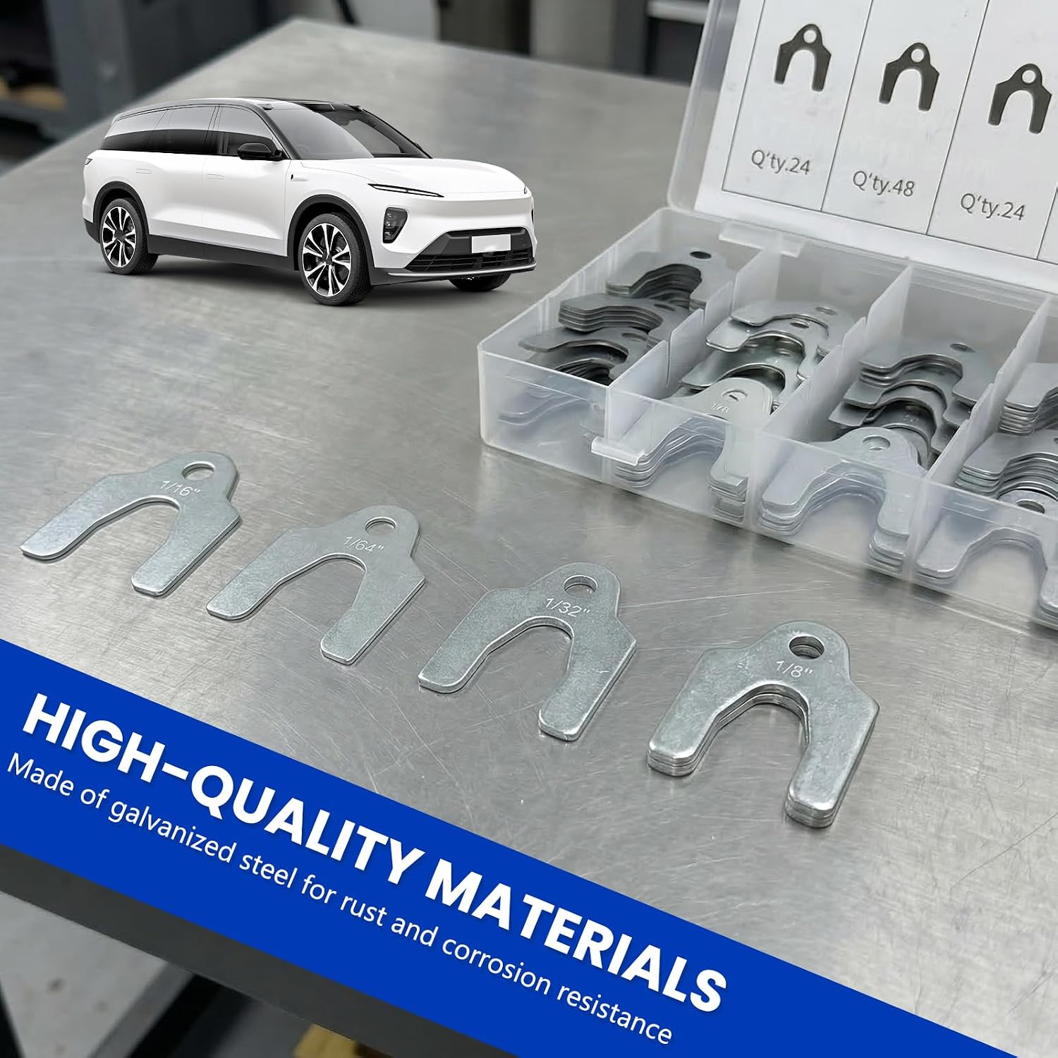 144 PCS Car Alignment Body Shims Assortment Kit, 4 Sizes Rustproof Adjustment Shim Auto Repair Accessories, Heavy Duty Spacers for Adjusting Body Parts or Camber Alignment