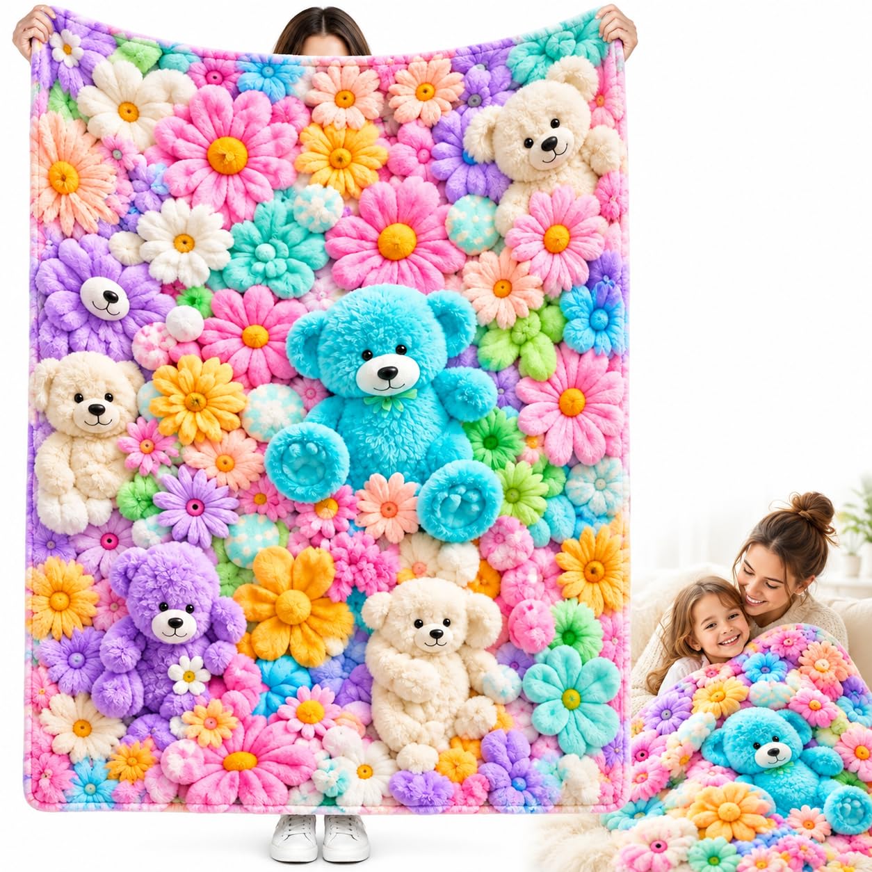 Pastel Floral Teddy Bear Print Throw Blanket, Cute Soft Flannel