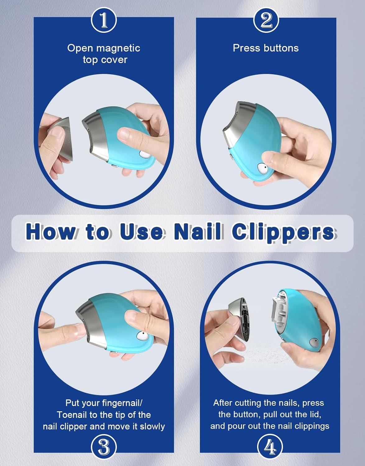 Electric Nail Clipper, Electric Nail Trimmer with Replacement Blade Heads, Electric Toenail Clippers with Magnetic Cover, Nail Scraps Storage, Rechargeable Electric Nail File for Adult, Seniors