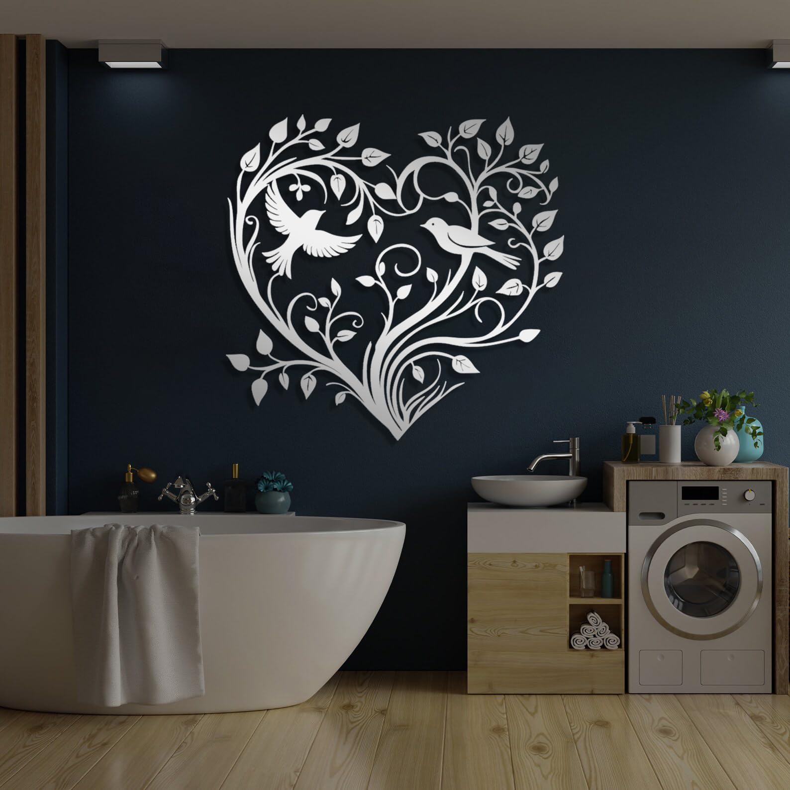 Arte moderna in metallo “cuore, albero e uccelli” per l’ufficio o lo studio