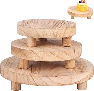 3 PCS Wooden Display Risers, Round Pedestal Stands 5/6/8 Inch, Cupcake Display Riser, Rustic Burnt Wood Mini Display Trays, Farmhouse Pedestal Holders for Candle, Plant, Vase