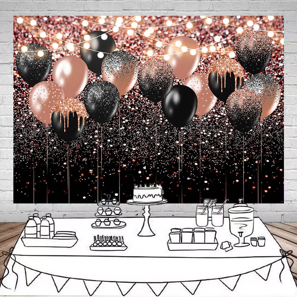 Avezano Niebieskie i srebrne tło urodzinowe, niebieskie, srebrne, bokeh, brokatowe kropki, balon, fotografia, tło dla dorosłych, dekoracje urodzinowe, baner, rekwizyty do budki fotograficznej (różowe złoto, 3 x 2 m)