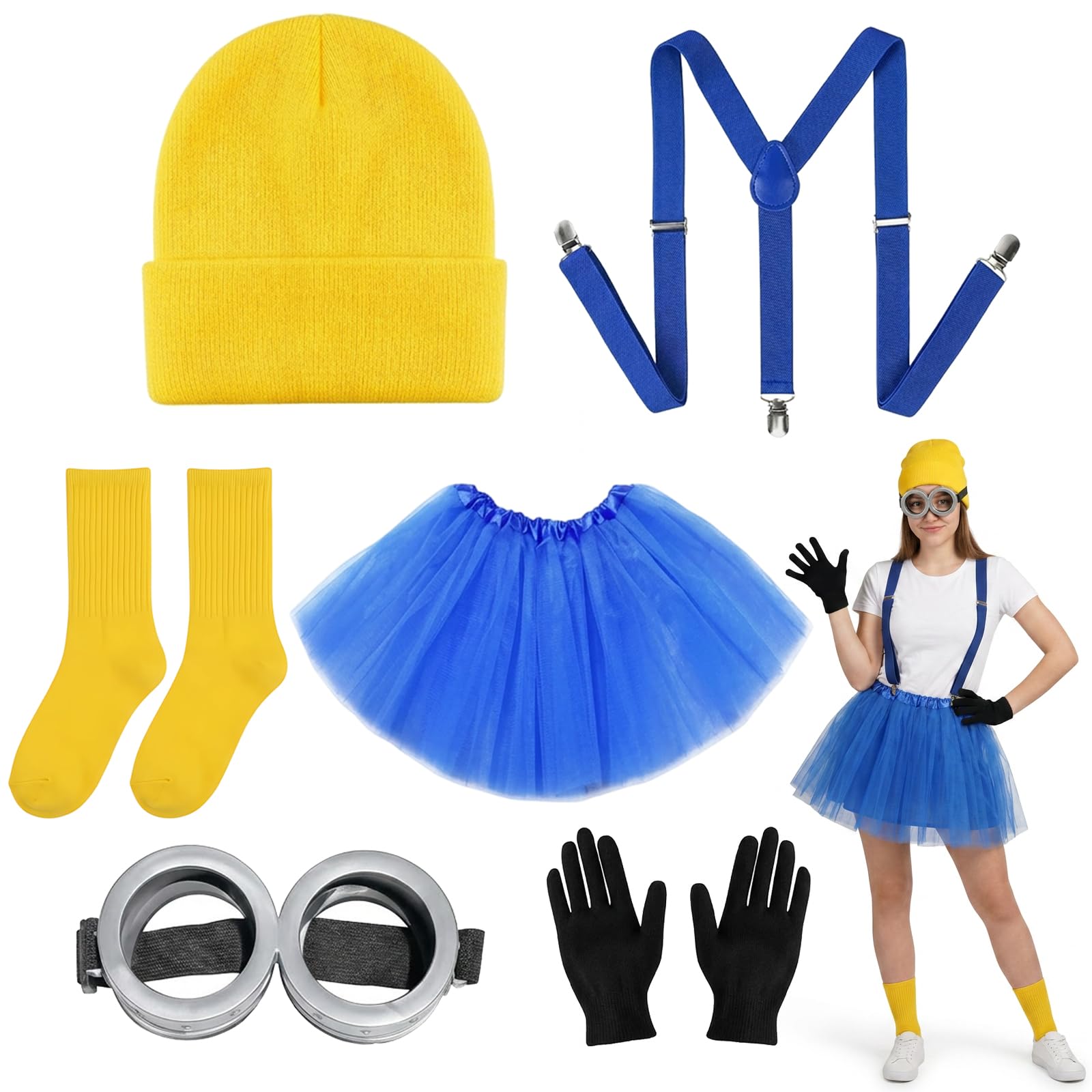 Yellow Costume for Adults, 6-Piece Yellow Halloween Outfit Set, Halloween Party Costume Accessories, Cartoon Character Cosplay, Yellow Goggles and Dress with Hat