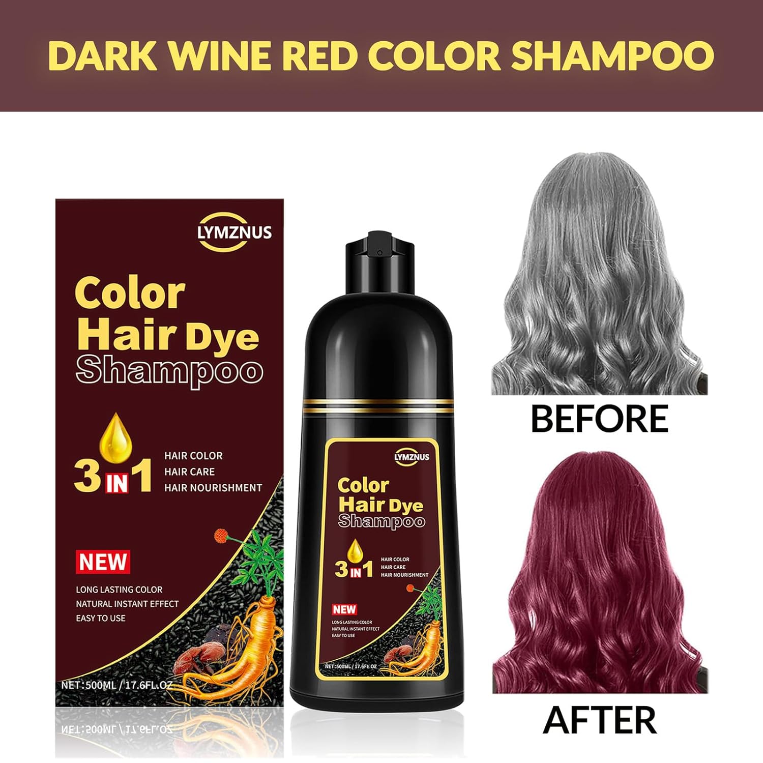 Hair Dye Shampoo 3 in 1 Dark Wine Red,Instant Hair Color Shampoo for Gray Hair Coverage for Men & Women, Burgundy Hair Shampoo and Red Hair Dye for All Hair Types 500ml - Image 3