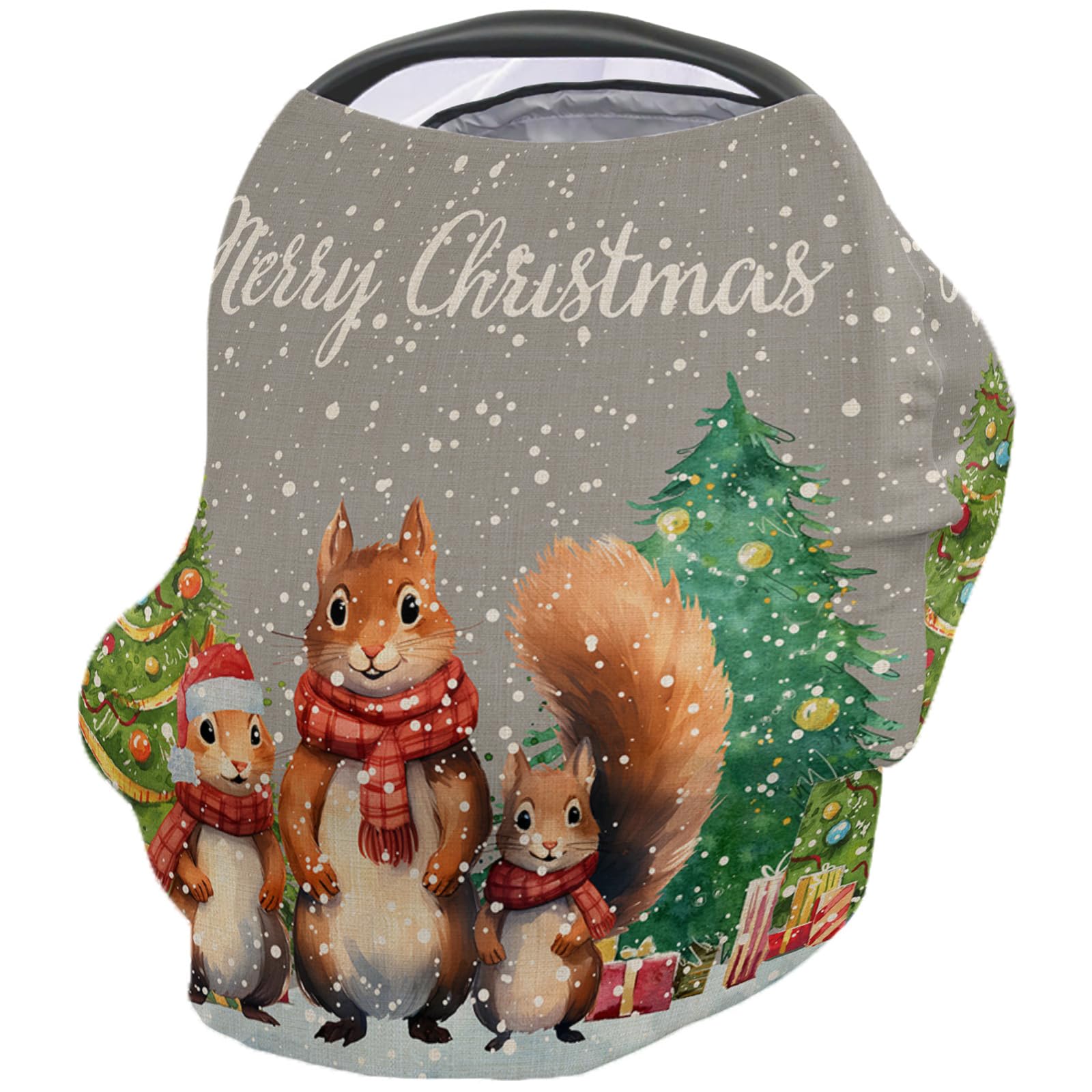 Nursing Cover for Breastfeeding Scarf, Merry Christmas Cute Squirrel Xmas Tree Baby Car Covers Super Soft Multi Use for Canopy Shopping Cart Cover Blanket Stroller Cover