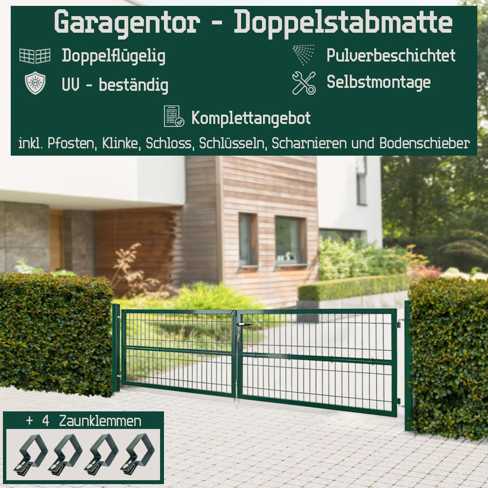 Gartentor Tor 300 x 80 cm Gartenzaun Zaun Doppelflügelig Gartentür aus Metall für Stabmattenzaun Abschließbar inkl. Pfosten Grün V2Aox