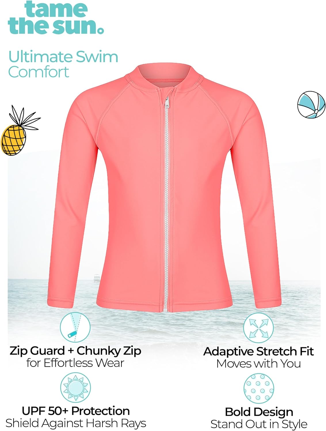 Tame the Sun Girls Long Sleeve UPF 50+ Rash Guard Swim Shirt - One Piece Zipper Toddler Swim Shirt for Girls