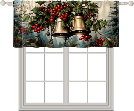 Kitchen Curtain Valances Vintage Christmas Bells Berries Short Window Curtain Treatment Decoration Rod Pocket Blackout Curtains for Bathroom Living Room Window 24x52in