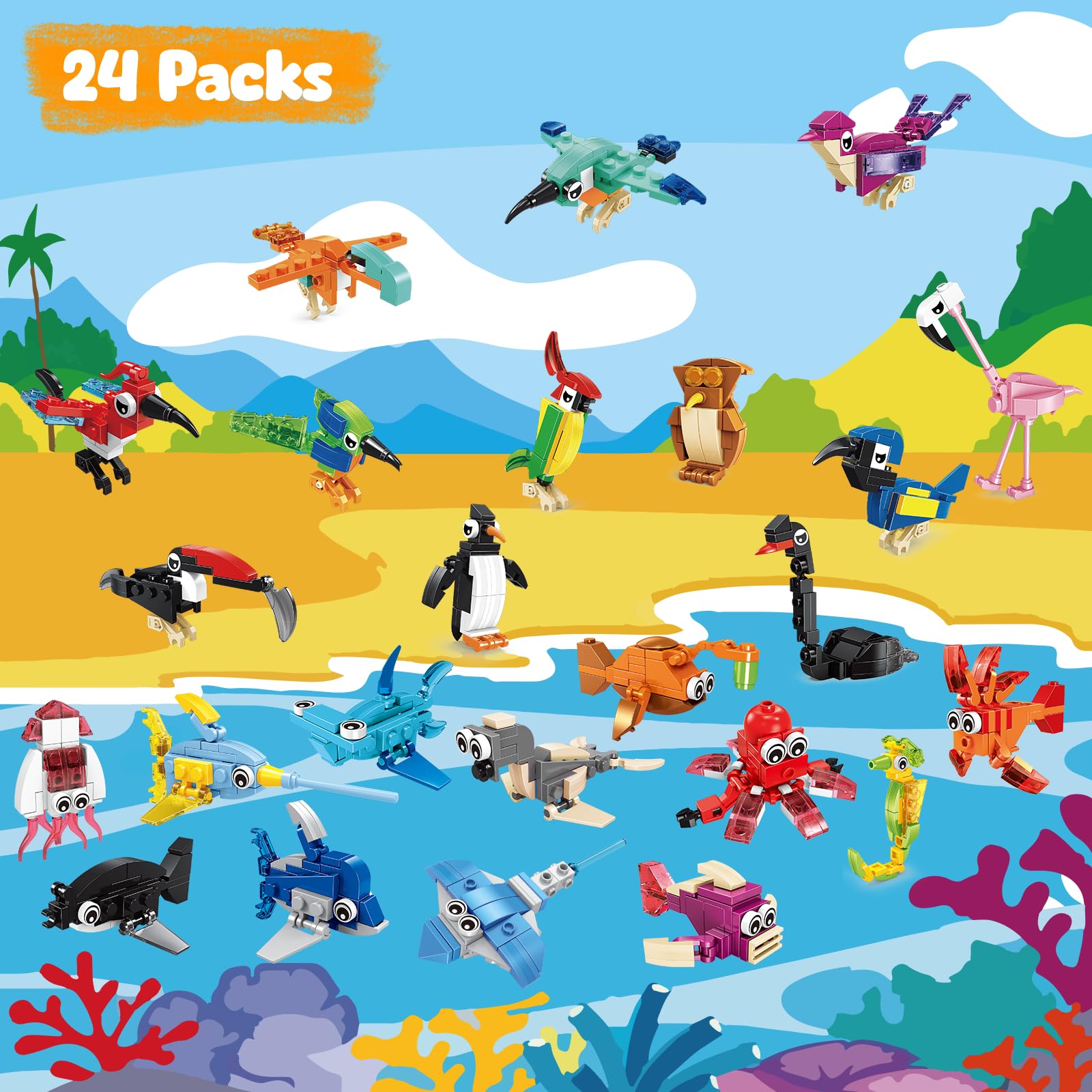 MOONTOY Regalini Fine Festa Compleanno Invitati, 24 Pack Animali Blocchi da Costruzione Gioco Costruire, 3 IN 1 Mini Mattoncini Costruzioni Bambini 3-12 Anni, Party Favors per Pasqua Carnevale Natale