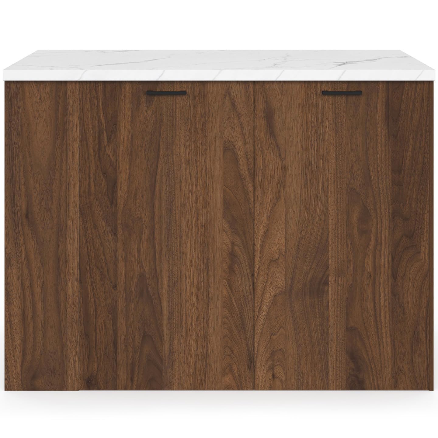 IDMarket - Ilot Central TIBO 120 cm Bois foncé Effet Noyer avec Plan de Travail Effet marbre Alaska