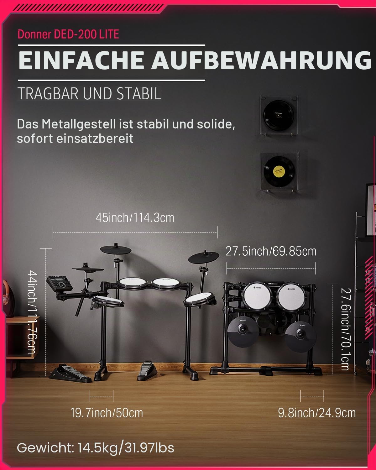 Donner Elektronisches Schlagzeug, DED-200LITE E Drum Set für Anfänger mit 450+ Sounds, USB MIDI, leisen Mesh-Fellen, Thron, Kopfhörern, Sticks und 40 Melodics-Lektionen