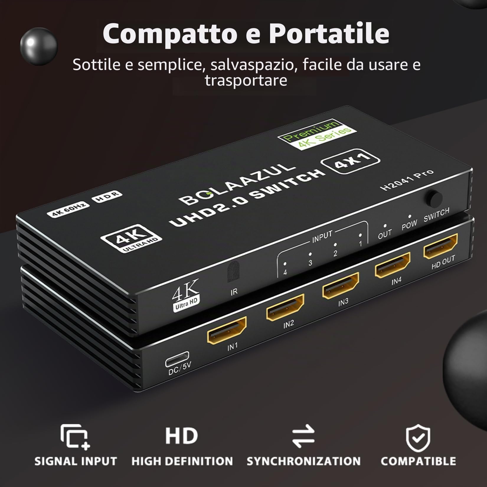 BolAAzuL Switch HDMI 4 in 1 Out 4K 60Hz, Port Expander Hub Selettore Commutatore Video Con Telecomando, Supporto 3D, HDCP2.2, HDR per PS5/PS4Pro/PS4, Xbox Series X/S