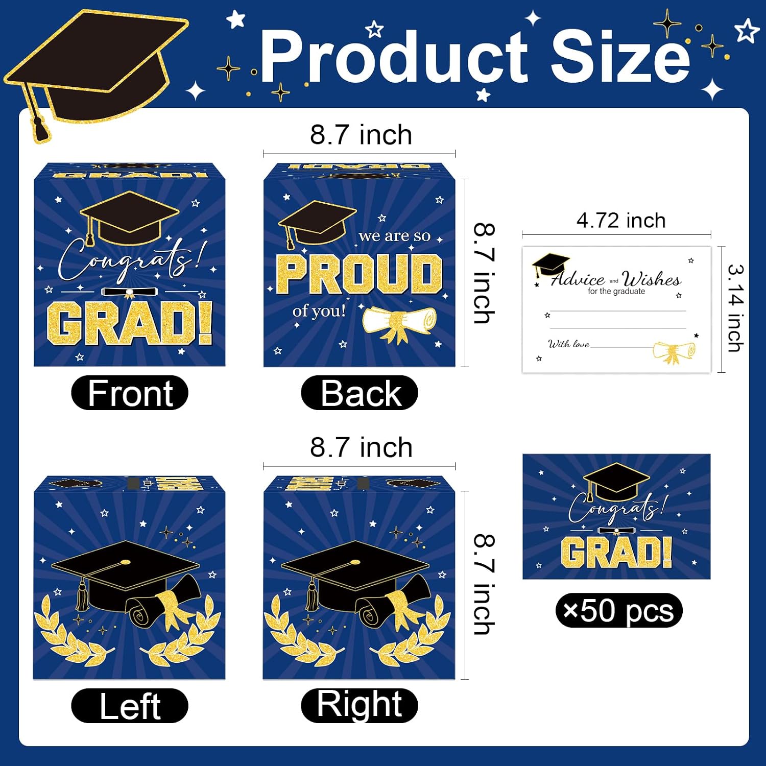 Graduation Card Box Graduation Decorations 2026 Grad Card Box for Gift Graduation Party Favors Decor Party Supplies (Dark Blue, 50 Cards) image 2