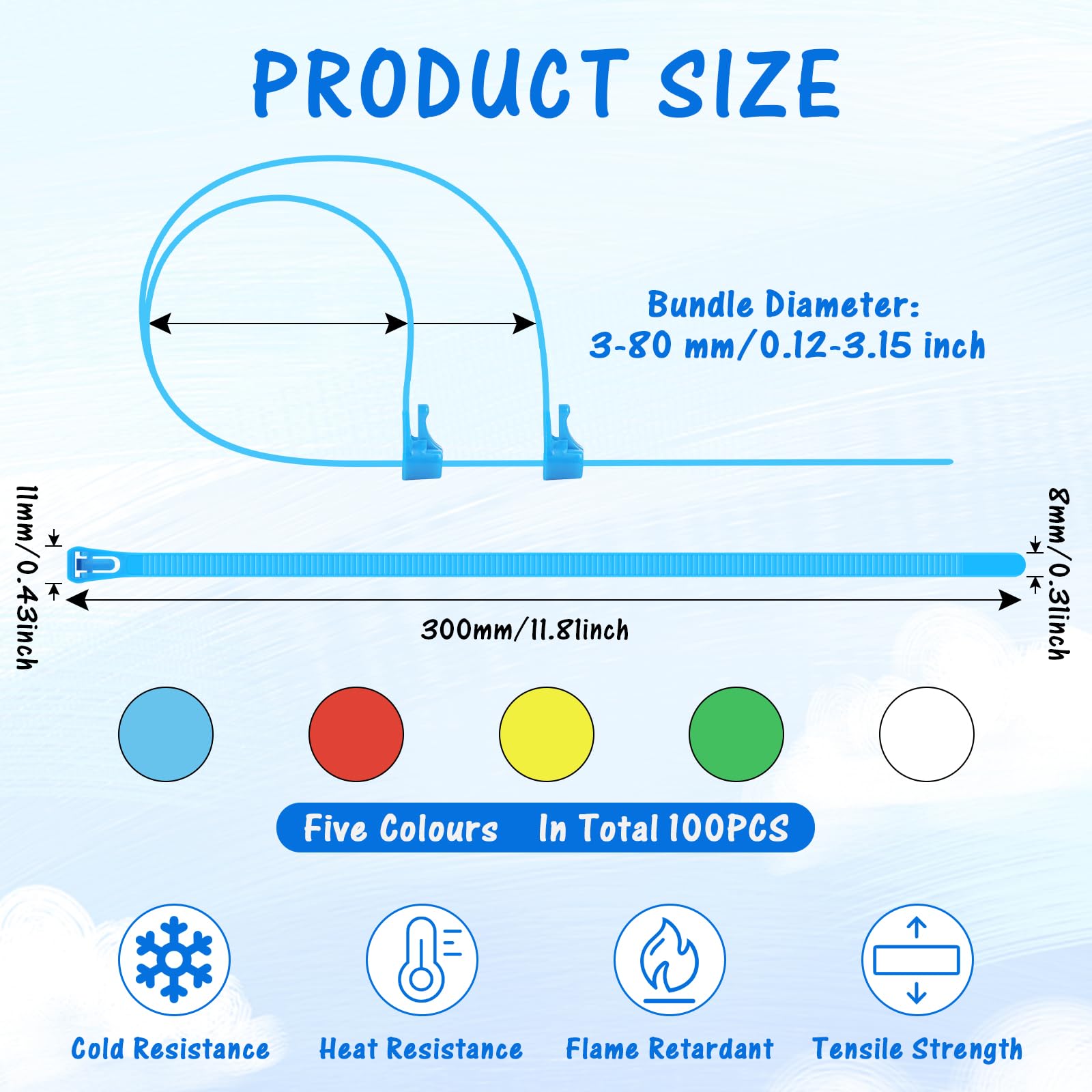 JRJRN 100Pcs Cable Ties Coloured Mixed, 300mm X 8mm Strong Nylon Zip Ties - Image 2