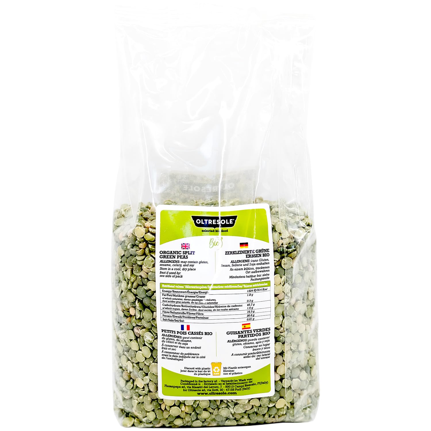 Oltresole, Pois verts fendus biologiques 1 kg, Légumineuses sèches décortiquées et fendues biologiques, pas de trempage nécessaire, source de protéines, idéal pour les soupes, Ideal Family Pack