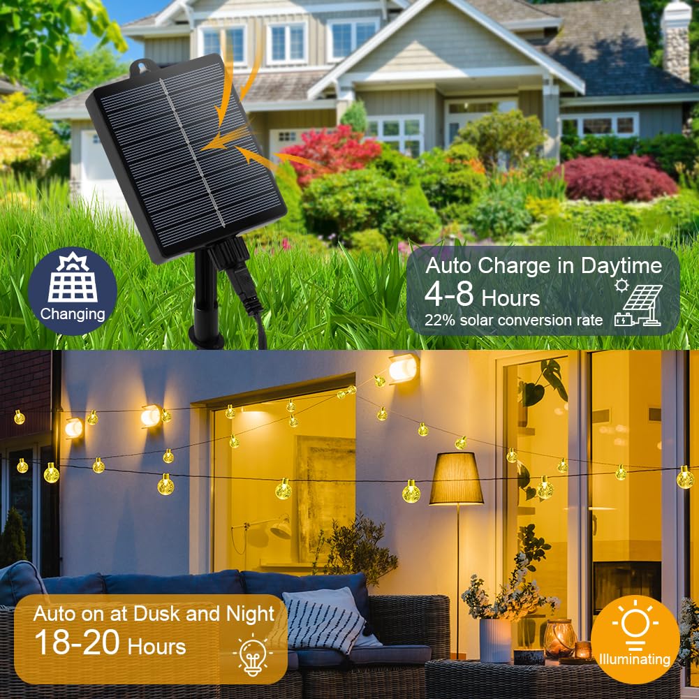 Qxmcov Lichtsnoer op zonne-energie, voor buiten, 7 meter, led-lichtketting op zonne-energie, met 50 leds, kristallen bollen, 8 modi, waterdicht, voor buiten, binnen, tuin, feestjes