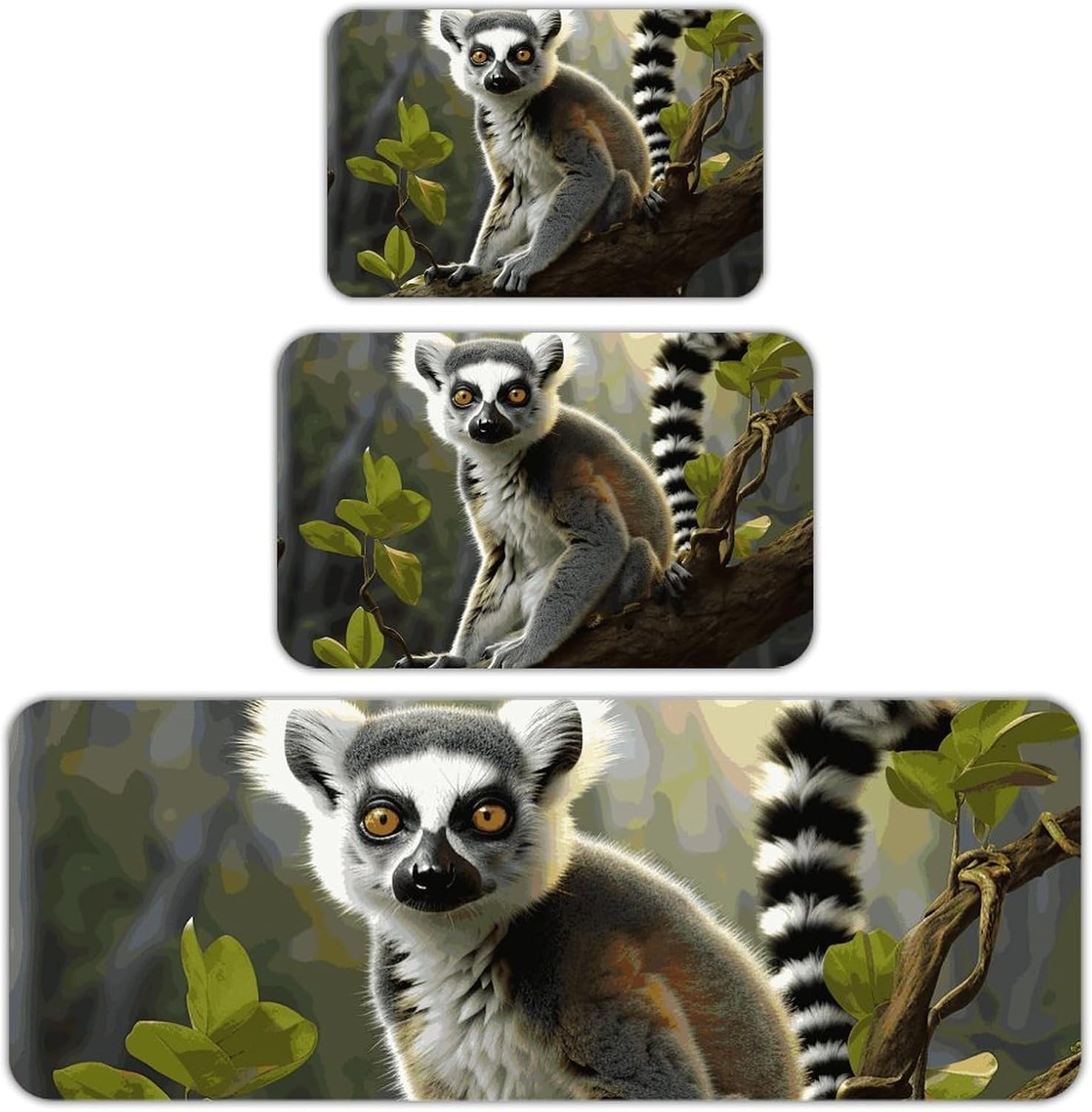 Tailed Lemur Kitchen Mats for Floor 3 Pcs Kitchen Rugs