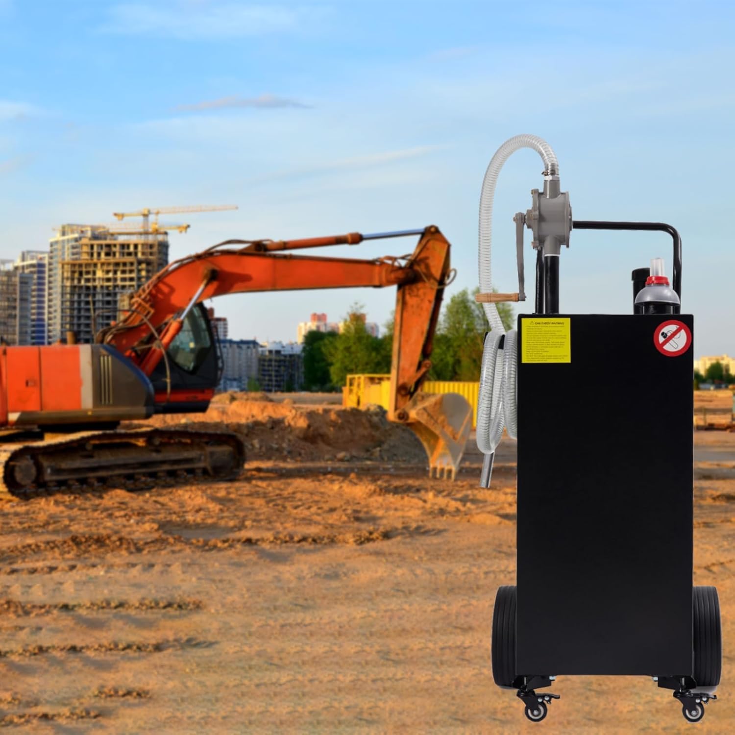 35 Gallon Fuel Caddy, Portable Fuel Transfer Tank with Manual Transfer Pump, Diesel/Gas Container on 4 Wheels Safty for Cars, Lawn Mowers, ATVs, Boats,Trucks