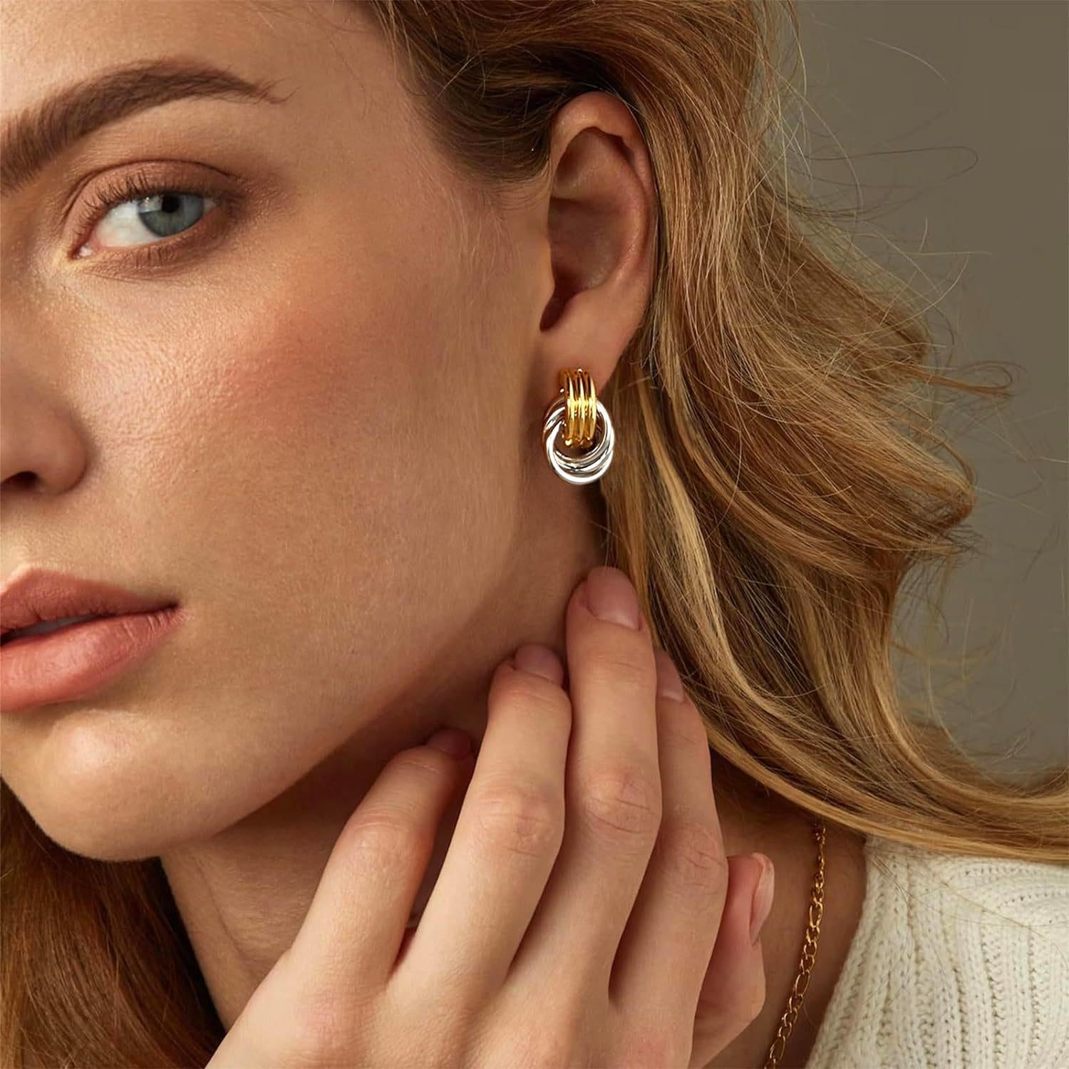 Two Tone Drop Dangle Earrings - Gold Silver Plated Hoop Huggie Earrings for Women - Trendy Jewelry - Image 2