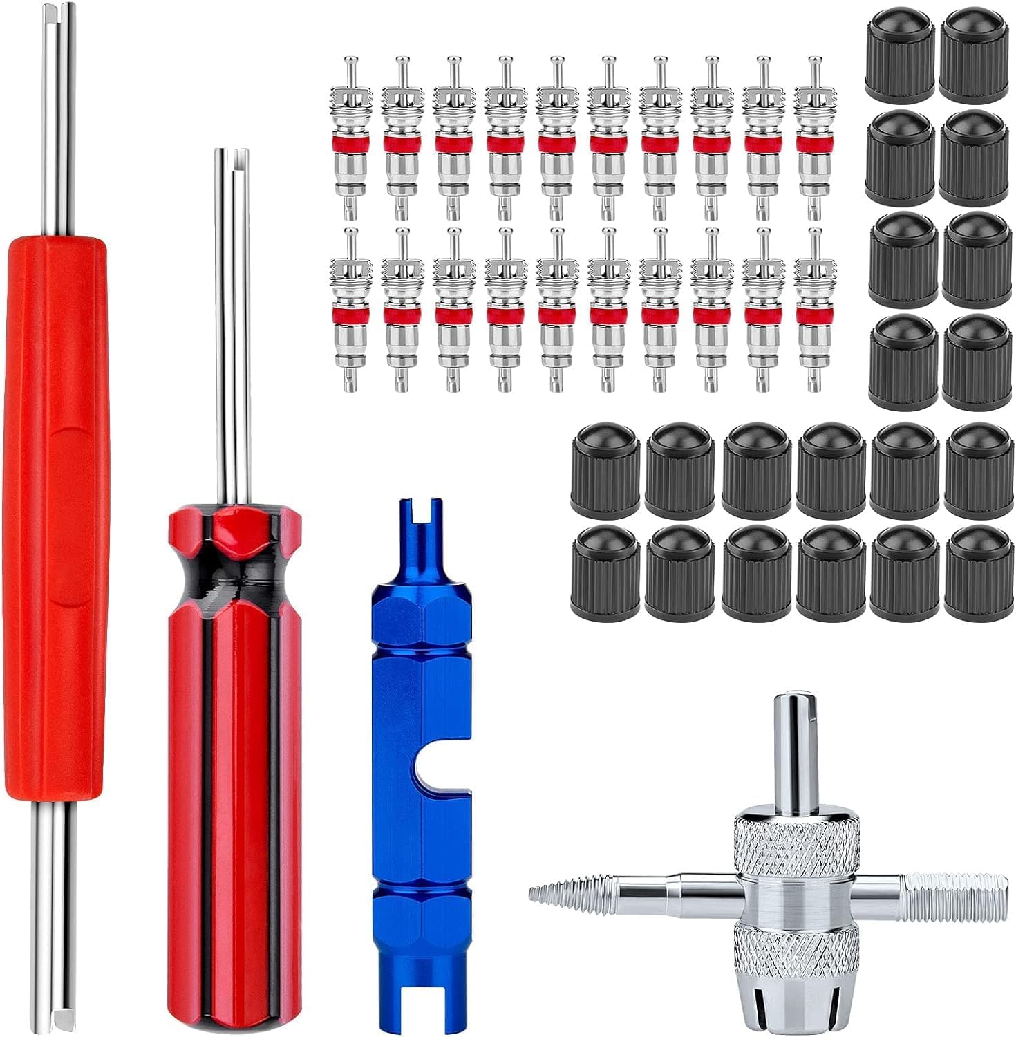 ptiysta 44pcs Stem Removal Tool, Spool Removal and Installation Tool, Four-Way Valve Tool, Spool, Stem Cover. Suitable for All Types of Tires