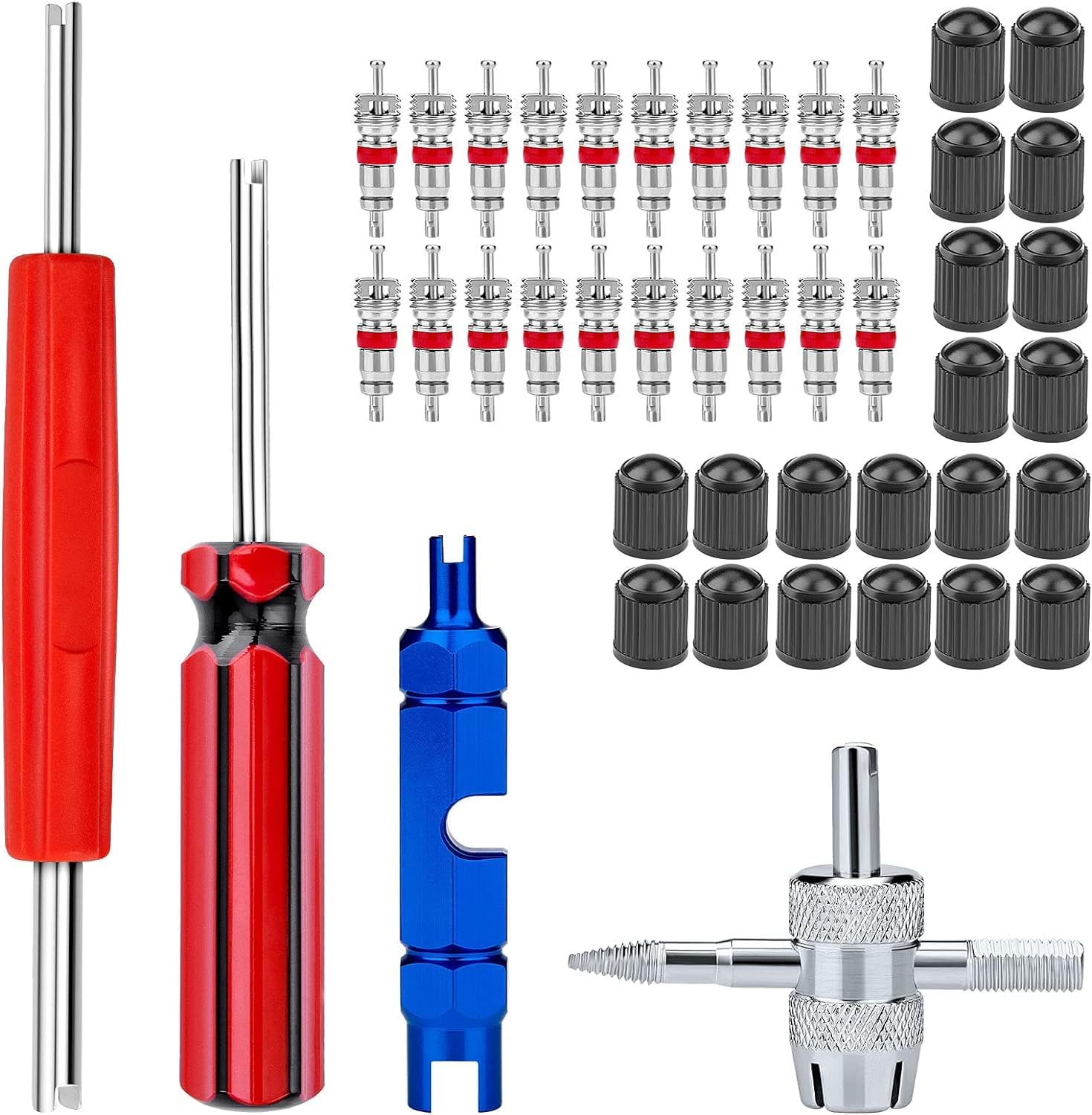 ptiysta 44pcs Stem Removal Tool, Spool Removal and Installation Tool, Four-Way Valve Tool, Spool, Stem Cover. Suitable for All Types of Tires