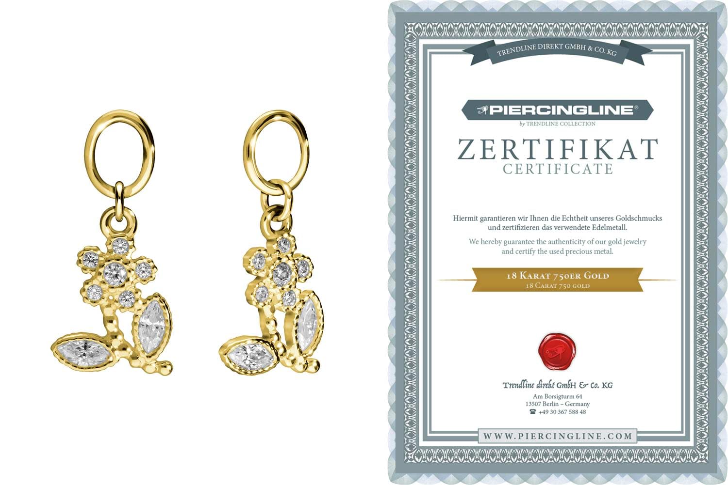 PIERCINGLINE 18 Karat Gold (750 er) Anhänger für Clicker Bauchnabelpiercings Creolen KRISTALLBLUME Piercing Gelbgold