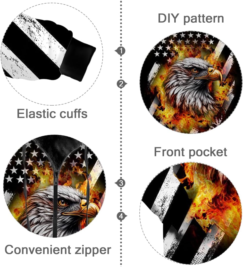 American Flag Eagle Patriotic Fleece Full Zip Up Jacket Winter Coats for Women Men